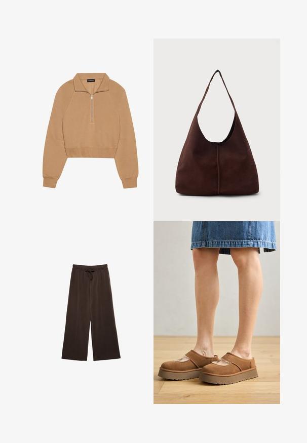 Even&Odd by Zalando Sweatshirt - tan; Brune brede bukser med snøre i taljen. Fremstillet af blødt stof, med lodrette sømme ned ad fronten for ekstra detalje.; Brune ruskindsplatformsko med en rund tå, udskæringer og en solid sål, ledsaget af en denimnederdel i en indstilling med trægulv.; Brun suedette hobo taske med en stor, buet åbning og en bred skulderrem. Har en centreret søm på forsiden. Glat tekstur.