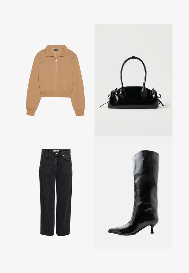 Even&Odd by Zalando Φούτερ - tan; Μαύρο τζιν παντελόνι με φαρδιά μπατζάκια και ψηλή μέση, σχέδιο με πέντε τσέπες και φερμουάρ στο εμπρός μέρος. Ομαλή υφή με ελάχιστες ορατές ραφές.; Μαύρη γυαλιστερή δερμάτινη μπότες μέχρι το γόνατο με μυτερό δάκτυλο και χαμηλό κυρτό τακούνι σε απλό φωτεινό φόντο.; Μικρή μαύρη γυαλιστερή τσάντα με δύο μακριές λαβές και λεπτομέρειες με ρυθμιζόμενο κορδόνι στο πλάι σε απλό ανοιχτό φόντο.