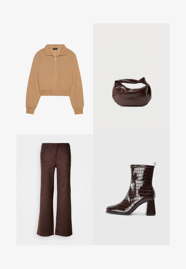 Even&Odd by Zalando Sweatshirt - tan; Brune flagrende bukser i et blødt, suede-lignende stof. Har fire lommer, en knaplukning og en glat, tekstureret overflade.; Mørkebrun patentlæder ankelstøvle med krokodillemønster, blokhæl og trækstrop bagpå mod hvid baggrund.; Mørkebrun læder skuldertaske med en blød, afslappet form og et snoet knudehåndtag på en ensartet hvid baggrund.