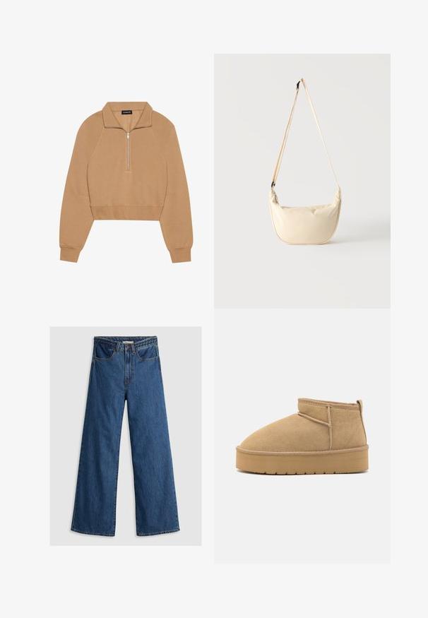 Even&Odd by Zalando Φούτερ - tan; Μπλε τζιν με φαρδιά τακούνια και ψηλή μέση, με κλασικό σχέδιο πέντε τσεπών και υφασμάτινη μέση.; Μπέζ σουέτ μποτάκια μέχρι τον αστράγαλο με στρογγυλή μύτη, ελάχιστες ραφές και ελαφριά καφέ ελαστική σόλα με υφή.; Μπεζ τσάντα ώμου σε σχήμα ημισελήνου με μακρύ ρυθμιζόμενο λουράκι, κρεμασμένη σε απλό ανοιχτό φόντο.
