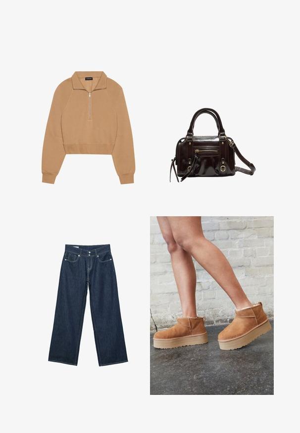Even&Odd by Zalando Sweatshirt - tan; Mørkeblå vidde jeans i denim med dobbelt knaplukning, forlommer og kontrastsyning på hvid baggrund.; Brune ruskinds ankelsko med en blød foring, tyk beige plattformsål og en bageste løkke. Tekstureret overflade med synlige sømdetaljer.; Brun lakeret håndtaske med dobbelte håndtag, aftagelig skulderrem, frontlomme med lynlås og hardware i guld-tone.