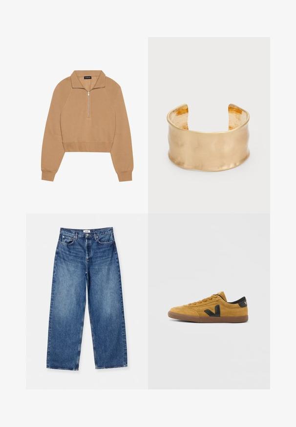 Even&Odd Sweatshirt - tan; Hellblaue Weite-Leg-Jeans aus Denim, mit klassischem Fünf-Taschen-Design, sichtbaren Nähten und einem mittelhohen Bund.; Brauner Wildleder-Sneaker mit niedrigem Schaft, schwarzem V-Logo, brauner Gummisohle, Schnürverschluss und schwarzem, gepolstertem Fersenkragen.; Goldfarbener Armreif mit einer glatten, gewellten Oberfläche, einem strukturierten Innenraum und einem offenen Design, das eine organische Form schafft.
