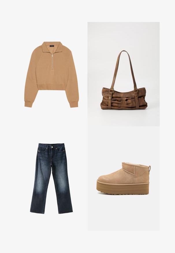 Even&Odd Sweatshirt - tan; Mørkeblå jeans med lige ben, forlommer, bæltestropper, knaplukning og let falmning på lårene og knæene.; Beige ruskinds ankelstøvler med et blødt indre, der har en platformssål og en strop bagpå for nem påtagning. Tekstureret gummisål.; Even&Odd Håndtasker - brown