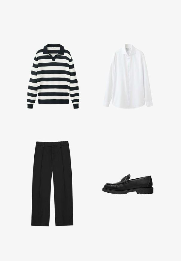 Maillot de rugby à manches longues avec larges rayures horizontales noires et blanches et un col noir avec une ouverture en V.; Chemise blanche à manches longues avec boutons, col pointu et poignets, affichée sur fond blanc.; Pantalon noir à coupe droite, avec des plis, des poches latérales et une ceinture plate. Confectionné dans un tissu lisse à finition mate.; Mocassin en cuir noir avec dessus cousu, détail de bride cloutée et semelle épaisse à crampons, présenté en profil latéral sur fond blanc.