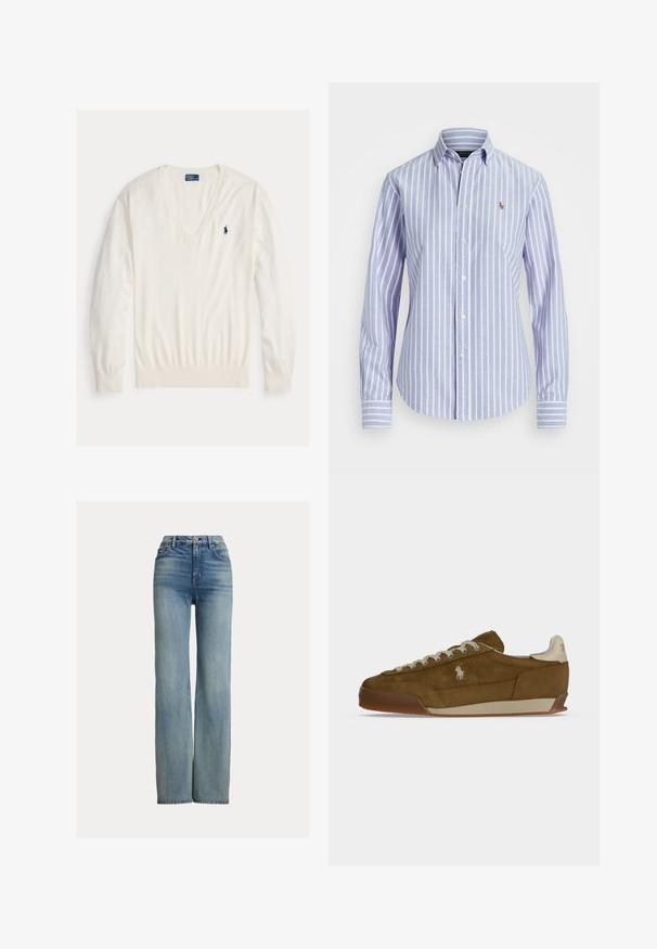 Biely pulóver s dlhým rukávom a výstrihom do V, s rebrovanými manžetami a lemom, s malým tmavomodrým logom hráča póla Ralph Lauren na ľavej strane hrudníka.; Svetlomodrá a biela vertikálne pruhovaná košeľa s dlhým rukávom na gombíky, s golierom a malým vyšívaným logom na hrudi.; Džínsy s vysokým pásom, rovného strihu, modrej farby, s prednými vreckami, pútkom na opasok a zapínaním na gombík, s jemným ochranou.; Hnedá semišová teniska s krémovými šnúrkami, hrubou podrážkou a malým bielym vyšitým logom na boku.