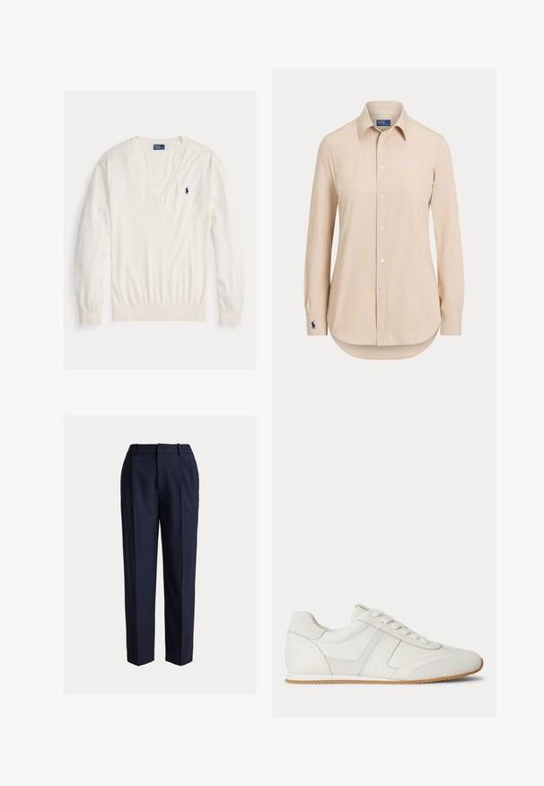 Jersey blanco de manga larga con cuello en V, puños y bajo acanalados, con un pequeño logotipo del jugador de polo Ralph Lauren en azul marino en el pecho izquierdo.; Camisa beige de manga larga con botones, cuello puntiagudo y logo bordado en el puño izquierdo.; Pantalones a medida de color azul marino con corte recto, presentan una textura suave, pinzas delanteras y trabillas para cinturón. Sin bolsillos visibles.; Zapatilla blanca de corte bajo con cordones en la parte frontal, paneles de ante y cuero, y una suela de goma marrón claro sobre un fondo blanco.