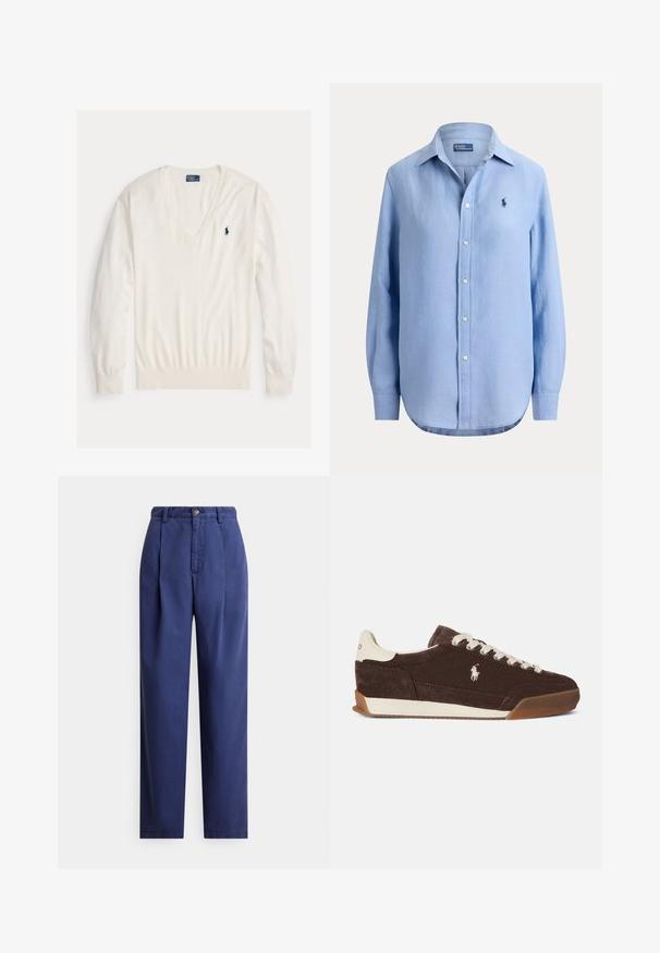 Jersey blanco de manga larga con cuello en V, puños y bajo acanalados, con un pequeño logotipo del jugador de polo Ralph Lauren en azul marino en el pecho izquierdo.; Camisa azul clara de manga larga con botones, cuello y pequeño logo oscuro en el pecho izquierdo, mostrada sobre un fondo liso.; Pantalones azul marino de corte recto, con pliegues delanteros, cierre con botón y una tela de algodón suave. Diseño simple sin estampados.; Zapatilla de ante marrón con cordones blancos, talón blanco a contraste, suela de goma y un logotipo bordado en el lateral. Diseño clásico de corte bajo.