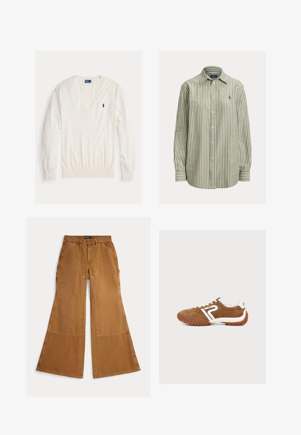 Jersey blanco de manga larga con cuello en V, puños y bajo acanalados, con un pequeño logotipo del jugador de polo Ralph Lauren en azul marino en el pecho izquierdo.; Camisa de botones con rayas verdes y blancas, tejido de algodón, mangas largas, cuello clásico, con logo en azul marino en el pecho izquierdo, puños lisos.; Pantalones marrones de pierna ancha hechos de algodón con detalles de parches, cierre con botón y bolsillos angulados en la parte delantera. Textura suave, diseño casual.; Zapatilla deportiva de ante marrón con detalles blancos y suela marrón gruesa, con un logo blanco "Polo" en el lateral y en la lengüeta del talón, mostrada sobre un fondo claro.