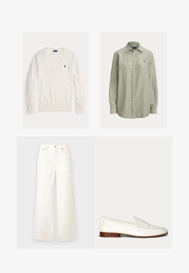 Pull blanc à manches longues col en V avec poignets et bas côtelés, avec un petit logo joueur de polo Ralph Lauren bleu marine sur la poitrine gauche.; Chemise à boutons à rayures vertes et blanches, tissu en coton, manches longues, col classique, logo bleu marine sur la poitrine gauche, poignets unis.; Jean blanc taille haute à jambes larges, avec bouton et fermeture éclair à l'avant, design cinq poches et détails en rivets en cuivre.; Mocassin en cuir blanc à enfiler avec un petit talon marron et des détails cousus sur le dessus et les côtés.