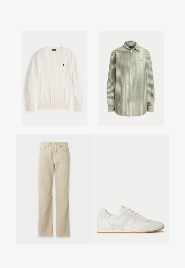 Biely pulóver s dlhým rukávom a výstrihom do V, s rebrovanými manžetami a lemom, s malým tmavomodrým logom hráča póla Ralph Lauren na ľavej strane hrudníka.; Zeleno-biela pruhovaná košeľa na gombíky, bavlnená látka, dlhé rukávy, klasický golier, na ľavej strane na hrudi je logo v námorníckej modrej, jednoduché manžety.; Béžové manšestrové nohavice s priamymi nohavicami, prednými vreckami, pútkami na opasok a zapínaním na gombík, zobrazené na jednoduchom pozadí.; Biela nízka teniska so šnurovaním vpredu, zsemišovými a koženými panelmi a svetlohnedou gumovou podrážkou na bielom pozadí.