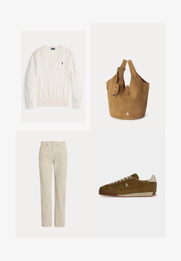 Pull blanc à manches longues col en V avec poignets et bas côtelés, avec un petit logo joueur de polo Ralph Lauren bleu marine sur la poitrine gauche.; Pantalon en velours côtelé beige droit avec passants de ceinture, bouton à l'avant, fermeture éclair et poches avant.; Baskets en daim marron avec lacets crème, semelle épaisse et petit logo blanc brodé sur le côté.; Sac cabas en daim marron avec double poignée, une petite étiquette, fermeture à bouton et logo Polo Ralph Lauren blanc sur le devant.