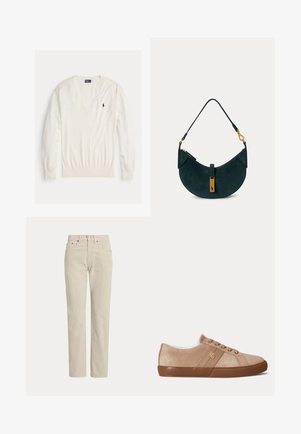 Biely pulóver s dlhým rukávom a výstrihom do V, s rebrovanými manžetami a lemom, s malým tmavomodrým logom hráča póla Ralph Lauren na ľavej strane hrudníka.; Béžové nohavice z manšestru so vzpriamenými nohavicami, pútkami na opasok, predným gombíkom, zipsom a prednými vreckami.; Béžové semišové nízke tenisky s hnedou gumovou podrážkou, zladenými šnúrkami a malým zlatým logom "RLL" na boku.; Tmavozelená semišová kabelka s priečnym tvarom, zlatými kovovými doplnkami a krátkym remienkom so sponou.