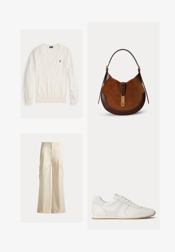 Biely pulóver s dlhým rukávom a výstrihom do V, s rebrovanými manžetami a lemom, s malým tmavomodrým logom hráča póla Ralph Lauren na ľavej strane hrudníka.; Béžové široké cargo nohavice so stranovými vreckami s chlopňami, pútkami na opasok, predným gombíkom a zipsom.; Biela nízka teniska so šnurovaním vpredu, zsemišovými a koženými panelmi a svetlohnedou gumovou podrážkou na bielom pozadí.; Hnedá semišová a kožená kabelka v tvare polmesiaca s jedným popruhom a zlatou sponou s malým logom koňa a jazdca.