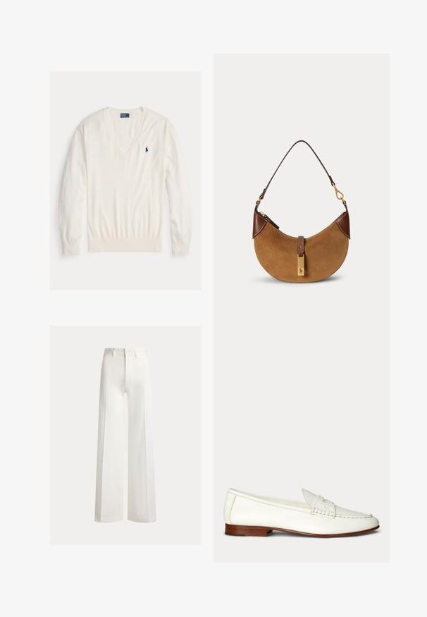 Biely pulóver s dlhým rukávom a výstrihom do V, s rebrovanými manžetami a lemom, s malým tmavomodrým logom hráča póla Ralph Lauren na ľavej strane hrudníka.; Biele široké nohavice s vysokým pásom, pútkami na opasok a zapínaním na predné gombíky, zobrazené na jednoliatom pozadí.; Biele kožené slip-on mokasíny s nízkym hnedým podpätkom a prešívanými detailmi na vrchu a stranách.; Hnedá semišová kabelka v tvare polmesiaca s tmavohnedými koženými detailmi, zlatými kovaniami a krátkym ramenným popruhom.