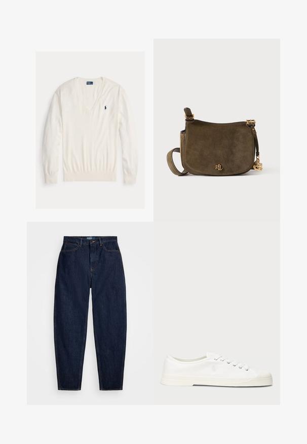 Biely pulóver s dlhým rukávom a výstrihom do V, s rebrovanými manžetami a lemom, s malým tmavomodrým logom hráča póla Ralph Lauren na ľavej strane hrudníka.; Tmavomodré džíny so strihom rovného nohu, s oranžovým štepovaním, predným zapínaním na gombík a piatimi vreckami.; Biele plátěné tenisky s okrúhlou špičkou, viazaním na šnúrky a diskrétnym logom. Majú štruktúrovanú textíliu a gumovú podrážku.; Olivovo zelená semišová kabelka cez rameno so zlatým logom a príveskom "RL", nastaviteľným popruhom a zapínaním na klopu na neutrálnom pozadí.