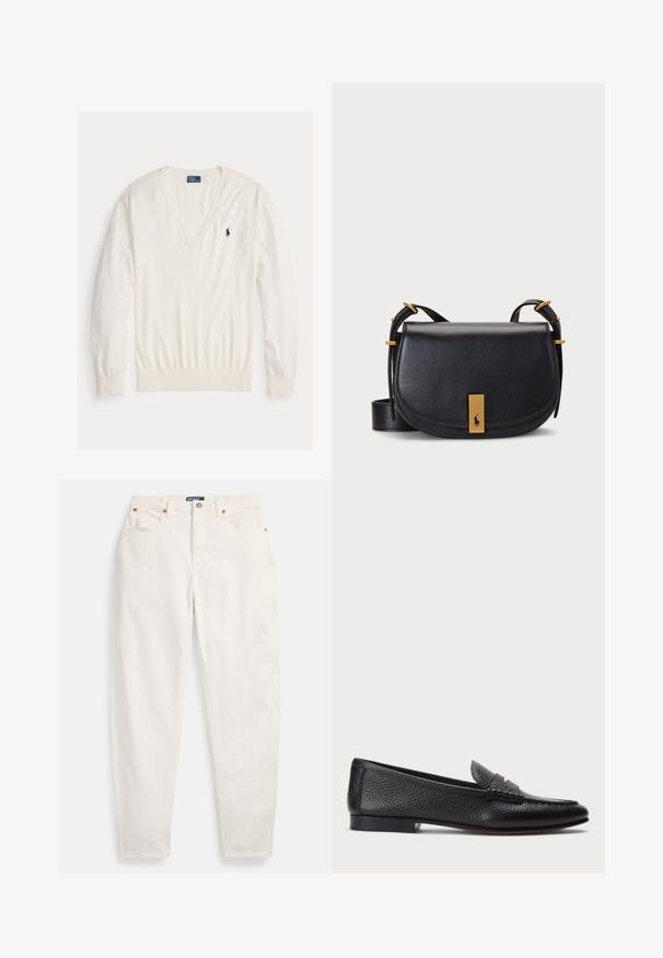 Biely pulóver s dlhým rukávom a výstrihom do V, s rebrovanými manžetami a lemom, s malým tmavomodrým logom hráča póla Ralph Lauren na ľavej strane hrudníka.; Biele rifle s vysokým pásom a rovnými nohavicami, s predným gombíkom a zipsom, dizajn s piatimi vreckami a značkovou nálepkou Polo na páse.; Čierne kožené loafers s textúrovaným povrchom, vybavené dekoratívnym pásikom a plochým podpätkom. Elegatný, minimalistický dizajn s okrúhlou špičkou.; Čierna kožená crossbody taška s zakriveným tvarom, zlatými tónmi kovových prvkov a predným štítkom s logom. Súčasťou je nastaviteľný popruh.