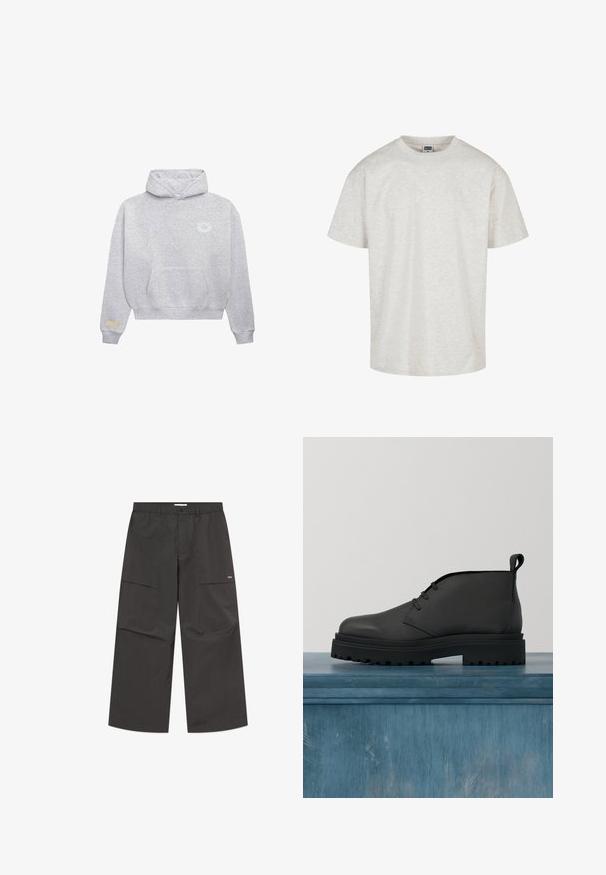 Lys grå hættetrøje med frontlomme, lille hvid cirkulær logo på venstre bryst og beige rektangulært mærke på venstre ærme.; Lys grå bomulds T-shirt med kortærmer, rund halsudskæring og afslappet pasform. Tekstureret stof med et subtilt meleret mønster.; Sorte bukser med bred benvidde, frontlommer med lapper, elastisk taljebånd, knaplukning og en lille hvid logo på højre lår.; Sort læder ankelstøvle med tekstureret overdel, snørelukning og kraftig gummisål med dybe riller for bedre greb.