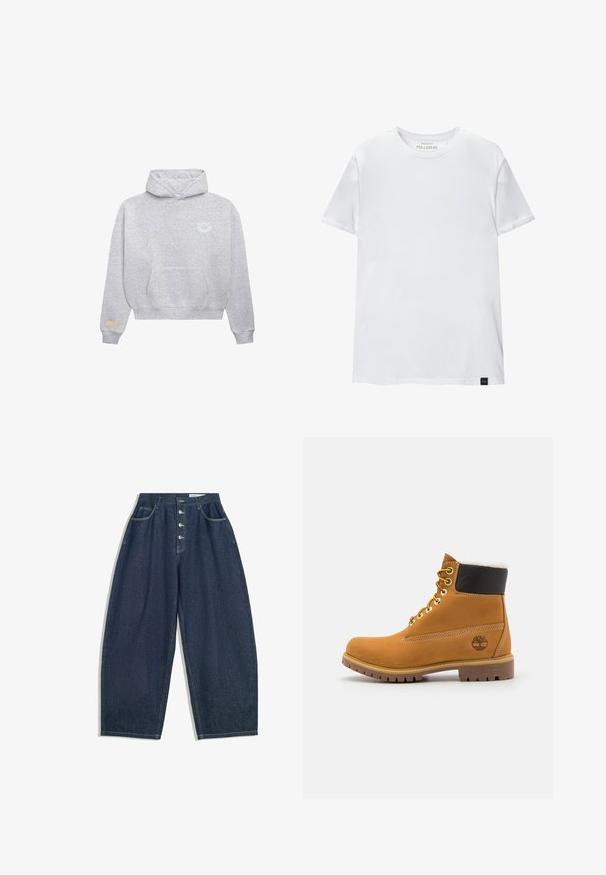 Lichtgrijze hoodie met een voorste kangoeroezak, klein wit rond logo op de linkerborst en een beige rechthoekige patch op de manchette van de linker mouw.; Witte spiergetailleerde t-shirt van katoen. Ronde hals, korte mouwen, gladde textuur. Klein zwart logo-label aan de zoom. Eenvoudig ontwerp.; Donkerblauwe denim brede broek met een hoge taille, vijfknopen sluiting en vijf zakken. Heeft stiksels op de naden.; Bruine leren enkellaars met metalen oogjes, witte faux bont voering, zwarte gewatteerde kraag, robuuste zool en een reliëflogo aan de zijkant.