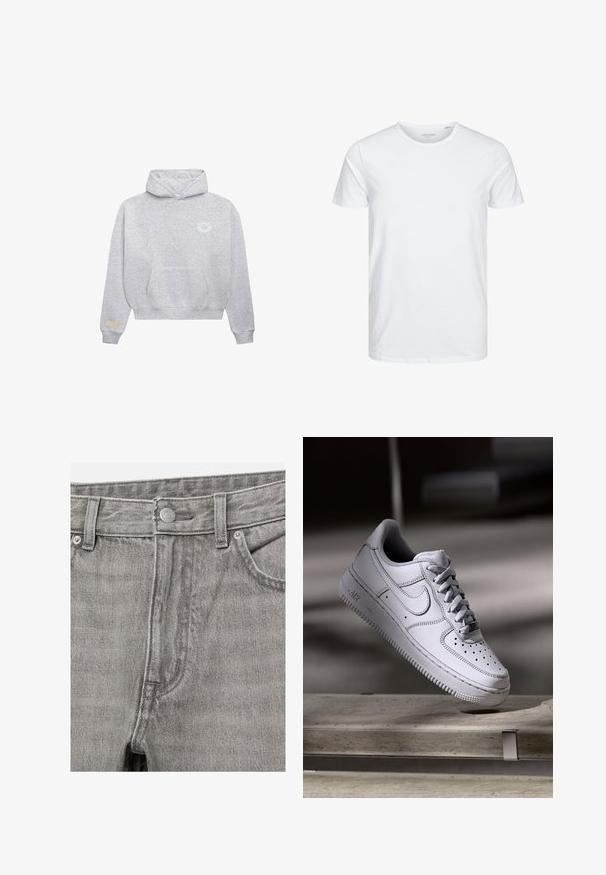 Lys grå hættetrøje med frontlomme, lille hvid cirkulær logo på venstre bryst og beige rektangulært mærke på venstre ærme.; Rundhals kortærmet t-shirt i ensfarvet hvid, lavet af blød bomuld, har et simpelt design uden synlige mønstre eller detaljer.; Grå denimjeans foran med knaplukning, bæltestropper og synlige forlommer.; Hvid læder Nike Air Force 1 sneaker med perforeret tå, flade snørebånd og tekstureret gummisål med "AIR" branding på siden.
