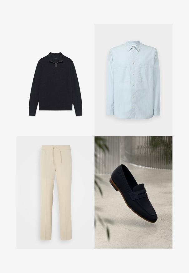 Suéter oscuro de color gris con textura, de tejido texturizado, con cuello de media cremallera y mangas largas, diseñado con dobladillo y puños acanalados.; Camisa abotonada de color azul claro hecha de algodón, con un cuello clásico, mangas largas, dos bolsillos en el pecho y un ajuste ligeramente relajado.; Pantalones beis con cintura elástica y cordón. Presentan piernas rectas y una textura suave, adecuados para el uso casual o para relajarse.; Mocasines navy con exterior suave, acento de tira trenzada y suela de cuero marrón claro. Textura suave, forma clásica y diseño discreto.
