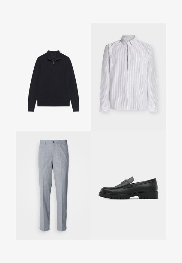 Suéter oscuro de color gris con textura, de tejido texturizado, con cuello de media cremallera y mangas largas, diseñado con dobladillo y puños acanalados.; Camisa de manga larga en blanco con finas rayas verticales gris claro, cuello abotonado, un bolsillo en el pecho y puños abotonados. Tejido de algodón.; Pantalones de vestir a cuadros grises, ajuste entallado, con una textura de tela suave, frente plano y cierre de un botón.; Mocasines de cuero negro con punta redonda, que cuentan con un diseño cosido, suela de plataforma baja y una suela de goma texturada y con tacos.