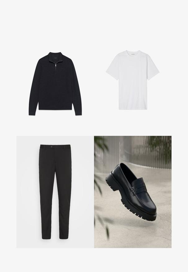 Suéter oscuro de color gris con textura, de tejido texturizado, con cuello de media cremallera y mangas largas, diseñado con dobladillo y puños acanalados.; Camiseta de algodón blanca con cuello redondo, mangas cortas y un corte relajado; textura suave con bordes limpios y sin patrones ni adornos.; Pantalones negros, ajustados, con un diseño de pierna recta, bolsillos frontales y cierre de botón. Hechos de una tela suave con un ligero brillo.; Mocasines de cuero negro con suela gruesa, que presentan una correa decorativa y detalles de costura. Textura suave con un acabado pulido.