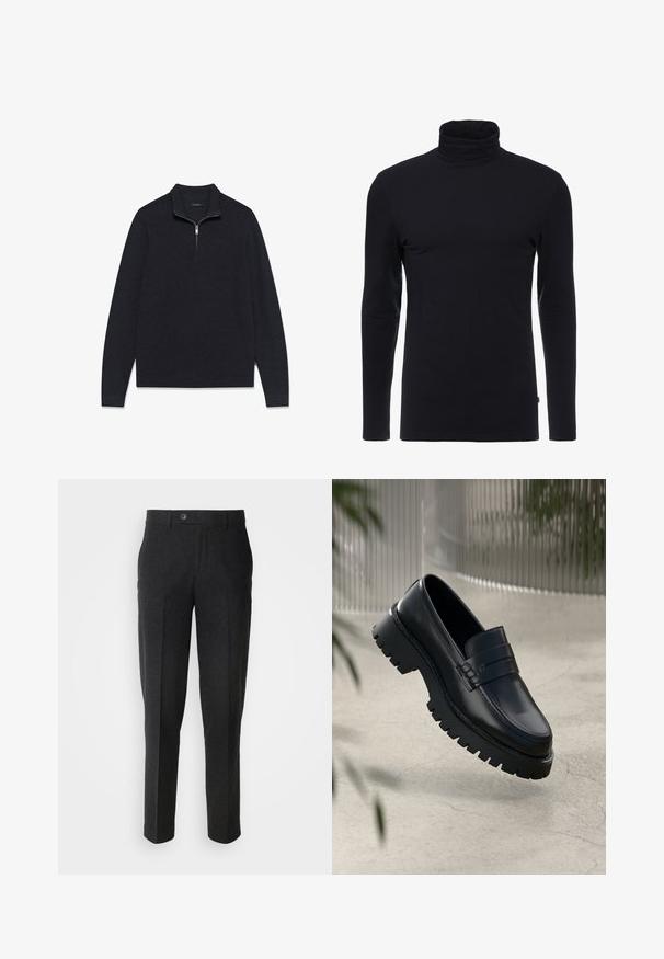 Donkergrijze pullover gemaakt van gestructureerde stof, met een halve ritskraag en lange mouwen, voorzien van een geribbelde zoom en manchetten.; Zwarte lange mouw turtleneck shirt gemaakt van zachte, rekbare stof. Heeft een aansluitend ontwerp en een gladde textuur. Geen zichtbare patronen of accenten.; Lindbergh Broek - black melange; Zwarte leren instappers met een chunky loopzool, voorzien van een decoratieve band en stikseldetails. Gladde textuur met een gepolijste afwerking.