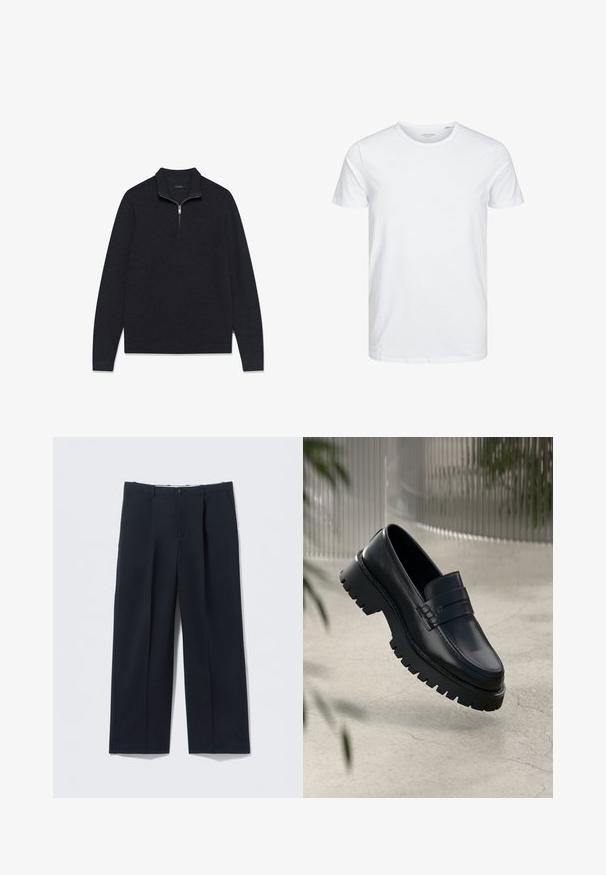 Suéter oscuro de color gris con textura, de tejido texturizado, con cuello de media cremallera y mangas largas, diseñado con dobladillo y puños acanalados.; Camiseta de manga corta y cuello redondo en blanco sólido, fabricada en algodón suave, presenta un diseño simple sin patrones ni acentos visibles.; Pantalones azul marino oscuros hechos de tela suave, con un ajuste entallado, dos bolsillos delanteros y cierre de botón.; Mocasines de cuero negro con suela gruesa, que presentan una correa decorativa y detalles de costura. Textura suave con un acabado pulido.