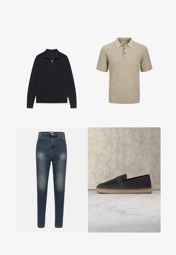 Mørkegrå pullovertrøje lavet af struktureret stof med halv lynlås-krave og lange ærmer, med ribstrikket kant og manchetter.; Beige strikket polo med korte ærmer, tre-knaps stolpelukning og klassisk krave, tekstureret stof, ribkant ved skørt og ærmer.; Pier One CLASSIC RIGID JEANS - Jeans Slim Fit - dark blue wash; Marineblå mokkasiner i ruskind med flettet jutesål svævende over beige tæppe, med gennemsigtige ravfarvede møbler i baggrunden.