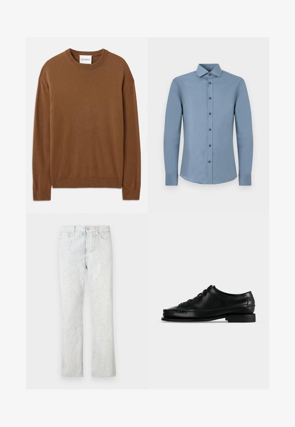 CLOSED CREW NECK LONG SLEEVE - Striktrøje - light mocha brown; Herreskjorte med lange ærmer og knapper, i ensfarvet dæmpet blå med spids krave og knaplukning ved manchetterne, vist fladt mod hvid baggrund.; Lyseblå denimjeans med lige ben, der har en falmet tekstur, fem lommer og lukning med knap og lynlås.; Sort lædersko med snørebånd til kjolebrug med lav hæl og moc tå-syning, vist i venstre profil på ensfarvet baggrund.