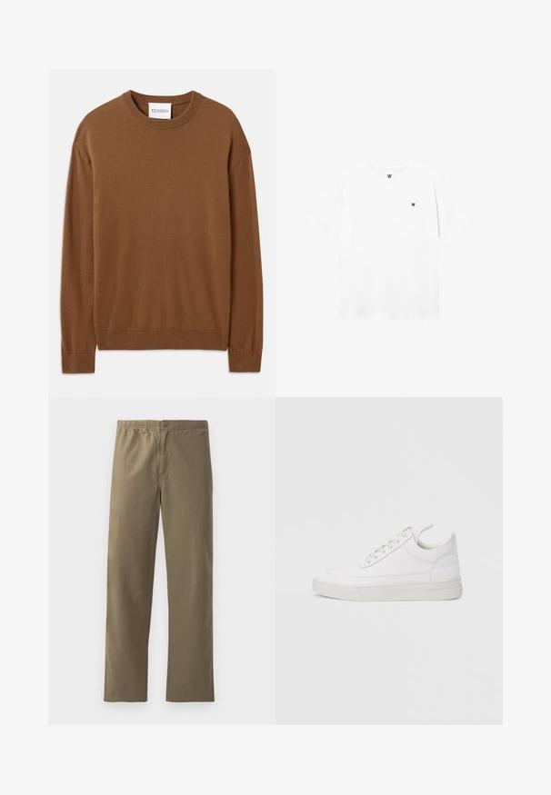 CLOSED CREW NECK LONG SLEEVE - Trui - light mocha brown; Witte T-shirt met korte mouwen en ronde hals, met een klein rond logo dat een zwarte "W" toont op de linkerkant van de borst.; Khaki broek gemaakt van lichtgewicht stof. Heeft een elastische tailleband, een knoopsluiting, rechte pijpen en een soepele textuur.; Witte leren sneaker met een afgeronde neus, platte zool en veters aan de voorkant. Voorzien van stikseldetails en een gevoerde kraag voor comfort.