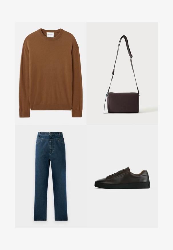 CLOSED CREW NECK LONG SLEEVE - Svetrík - light mocha brown; Tmavomodré džíny so rovnými nohavicami a vysokým pásom, s prednými vreckami a gombíkovým zapínaním. Textúrovaná tkanina s jemným vyblednutím.; Nízky profil tmavohnedých kožených tenisiek s čiernou gumovou podrážkou, šnurovanie vpredu a hladkým minimalistickým dizajnom na svetlom pozadí.; Tmavohnedá kožená crossbody taška s textúrou, nastaviteľným popruhom a malým dekoratívnym modrým prvkom na boku.