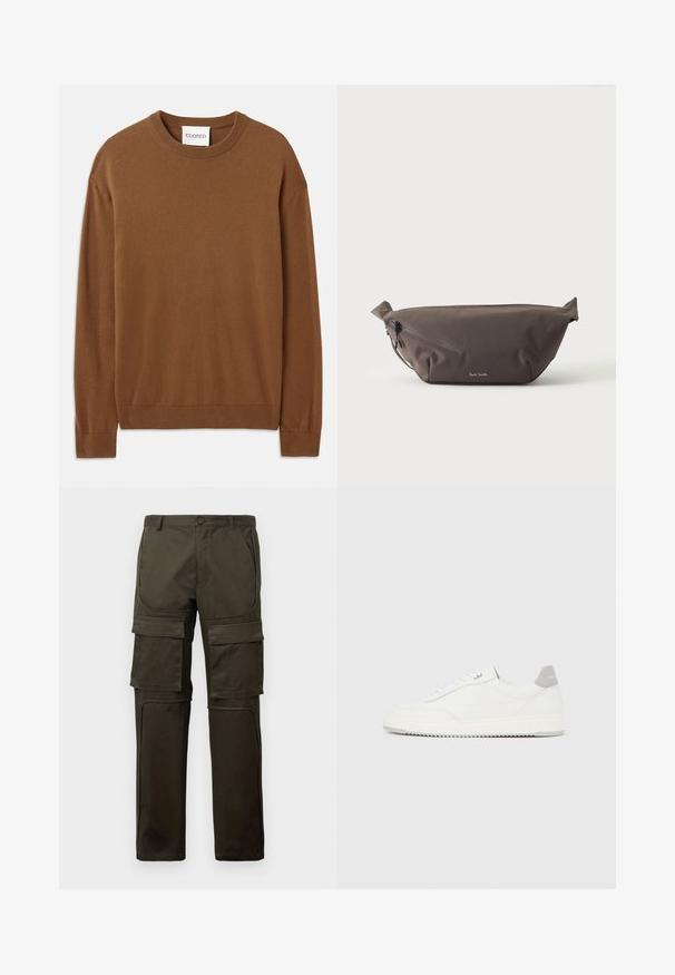 CLOSED CREW NECK LONG SLEEVE - Svetrík - light mocha brown; Tmavoolivové cargo nohavice s viacerými veľkými prednými a stehennými vreckami, zapínaním na gombíky a prešitými kolennými panelmi na bielom pozadí.; Biela nízka teniska so sivým pätovým pásikom, bielymi šnúrkami a členitou podrážkou, zobrazená na jednoduchom svetlom pozadí.; Tmavohnedá látková ľadvinka s diagonálnym zipsovým vreckom a malým bielym logom vpredu, na jednofarebnom svetlom pozadí.