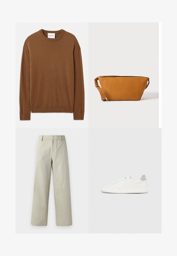 CLOSED CREW NECK LONG SLEEVE - Svetrík - light mocha brown; Han Kjøbenhavn WIDE LEG - Nohavice - light grey; Biela nízka teniska so sivým pätovým pásikom, bielymi šnúrkami a členitou podrážkou, zobrazená na jednoduchom svetlom pozadí.; Svetlohnedá kožená crossbody taška s nastaviteľným popruhom a zipsovým uzáverom, zobrazená na jednoduchom svetlom pozadí.