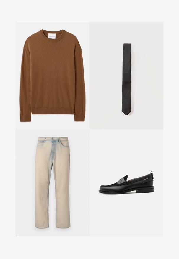 CLOSED CREW NECK LONG SLEEVE - Trui - light mocha brown; Licht beige denim jeans met een rechte pijpdesign, vervaagde blauwe accenten, vijf zakken en een knoopsluiting in de taille.; Zwarte leren loafer met grijs riemdetailelement, lage hak en gestructureerde zool, aan de zijkant gebrandmerkt met "HUGO" in goud.; Zwarte smalle stropdas van gladde stof, plat uitgestald op een lichte achtergrond.