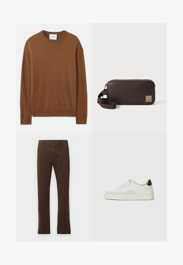 CLOSED CREW NECK LONG SLEEVE - Πουλόβερ - light mocha brown; CLOSED CLIFTON TRUE - Chinos - espresso brown; Λευκά sneakers με σουέτ λεπτομέρειες, στρογγυλή μύτη, επίπεδα κορδόνια και κρέμα από καουτσούκ σόλα. Διαθέτει πράσινη επωνυμία στη φτέρνα.; Ορθογώνια καφέ δερμάτινη τσάντα για είδη προσωπικής φροντίδας με υφή στην επιφάνεια, κλείσιμο με φερμουάρ στην κορυφή και ρυθμιζόμενη υφασμάτινη λουρίδα για τον καρπό στο πλάι.
