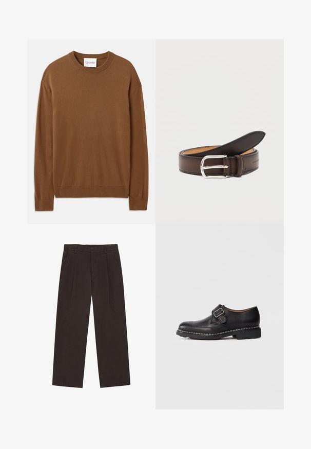 CLOSED CREW NECK LONG SLEEVE - Svetrík - light mocha brown; Tmavohnedé široké nohavice vyrobené z textúrovanej látky. Majú predné záhyby, dve bočné vrecká a zips s gombíkovým zapínaním.; Čierne kožené topánky typu monk strap so striebornou prackou a hrubou podrážkou s viditeľným bielym švom na jednoduchom pozadí.; Tmavohnedý kožený opasok stočený so striebornou obdĺžnikovou prackou na bielom pozadí.