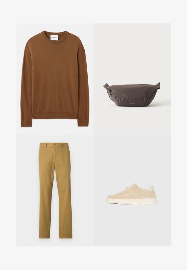 CLOSED CREW NECK LONG SLEEVE - Svetrík - light mocha brown; Béžové bavlnené nohavice so rovnými nohavicami, prednými vreckami a gombíkovým zapínaním. Hladká textúra a minimálny dizajn, bez viditeľných vzorov.; Bežové semišové tenisky s bielou podrážkou a šnúrkami, nízkoprofilový dizajn a zubatý vzor na podrážke.; Tmavohnedá látková ľadvinka s diagonálnym zipsovým vreckom a malým bielym logom vpredu, na jednofarebnom svetlom pozadí.