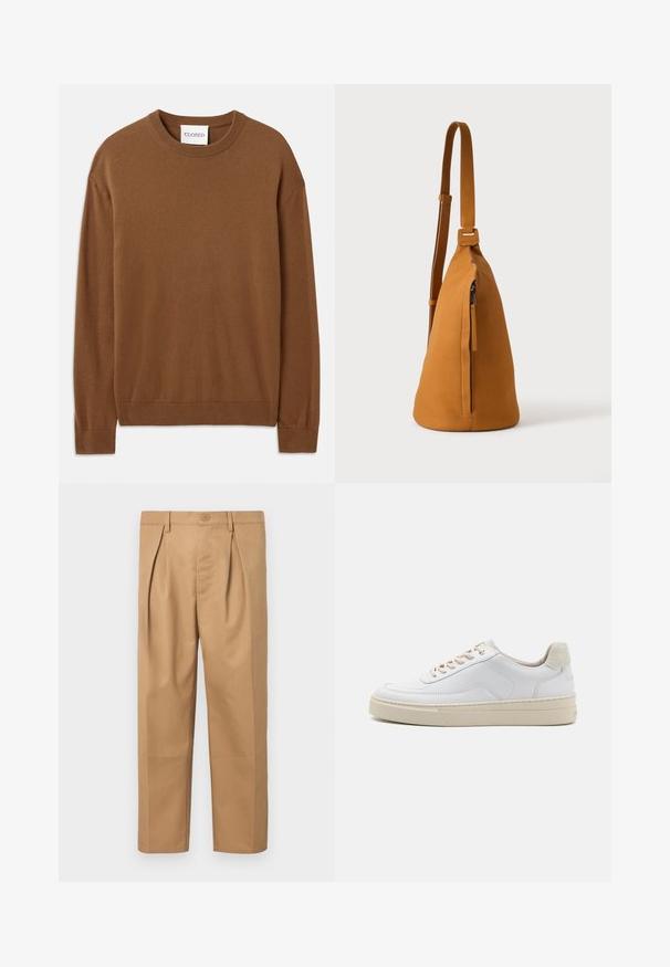 CLOSED CREW NECK LONG SLEEVE - Trui - light mocha brown; Lichtbruine katoenen broek met een relaxte pasvorm, geplooid ontwerp, tailleband met knoopsluiting en recht modellende pijpen. Glad textiel zonder patronen.; Witte sneaker met een gevoerd leren bovenwerk, beige veters en een gestructureerde beige suede hieltab. Verhoogde zool voor extra hoogte.; Lichtbruine leren schoudertas met verstelbare band en verticale ritszak, zijaanzicht tegen een effen lichte achtergrond.