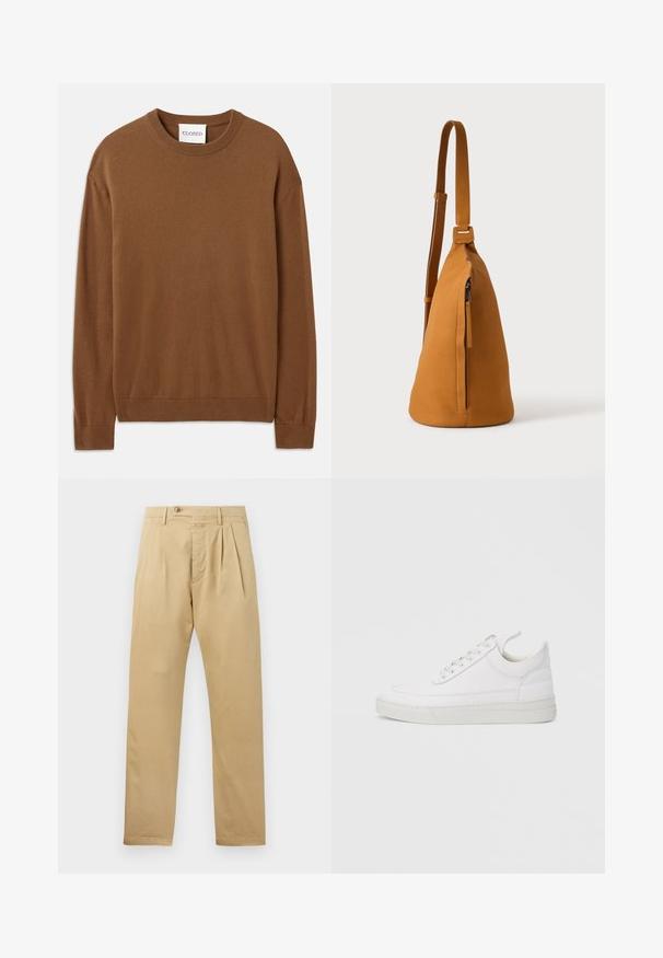 CLOSED CREW NECK LONG SLEEVE - Πουλόβερ - light mocha brown; CLOSED BERGEN TAPERED - Chinos - beige; Λευκό δερμάτινο αθλητικό παπούτσι με στρογγυλεμένη μύτη, επίπεδη σόλα και κλείσιμο με κορδόνια. Διαθέτει ραφές ως διακοσμητικά στοιχεία και επενδεδυμένο γιακά για άνεση.; Τσαντάκι ώμου από ταν δέρμα με ρυθμιζόμενο λουρί και κάθεσια τσέπη με φερμουάρ, εμφανίζεται από το πλάι σε απλό ανοιχτό φόντο.