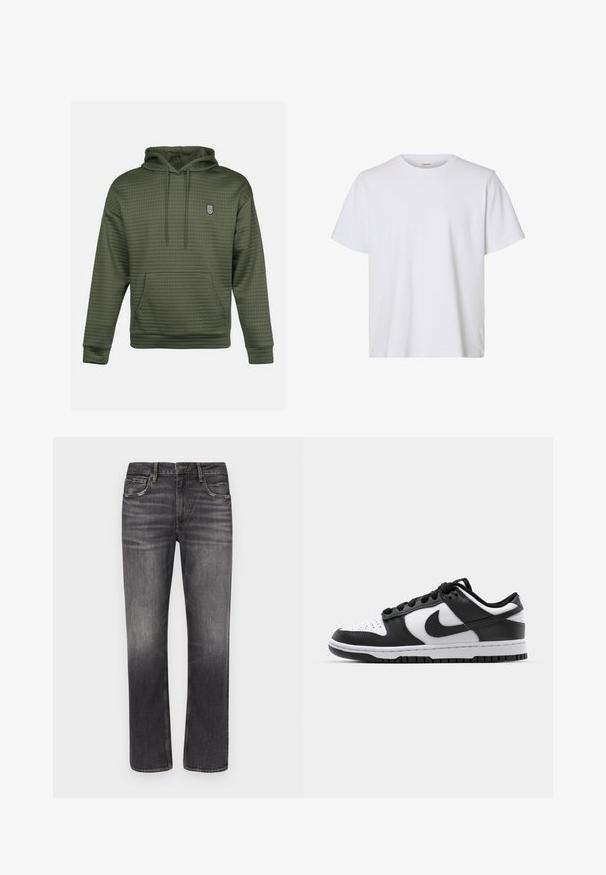 Oliven grøn hættetrøje med quiltet tekstur, en central kengurulomme og et lille broderet logo på brystet. Justerbar snøre i huen.; Enkelt hvid kortærmet T-shirt med rund hals, almindelig pasform og glat stofstruktur, vist på en hvid baggrund.; Mænds lige mørkegrå denimjeans med let falmning og klassisk fem-lomme-design mod en hvid baggrund.; Sort og hvid Nike Dunk sneakers med læderoverdel, perforeret tå, sorte snørebånd og en sort gummisål med slidbanedesign.