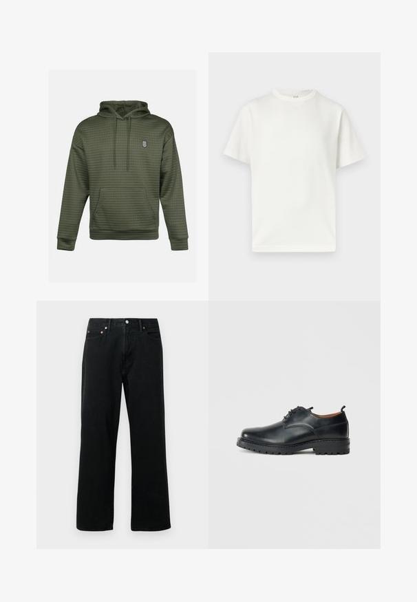 Oliven grøn hættetrøje med quiltet tekstur, en central kengurulomme og et lille broderet logo på brystet. Justerbar snøre i huen.; Hvid kortærmet T-shirt med rund hals, vist fladt mod en hvid baggrund med et synligt GAP-mærke indeni kraven.; Sorte denimjeans med lige ben, fem-lomme design, metalnitter og knaplukning. Stoffet har en blød tekstur med minimal falming.; Sorte læder derby-sko med en glat overflade, rund tå, snøre-design og en tyk, robust gummisål.