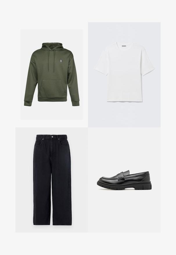 Oliven grøn hættetrøje med quiltet tekstur, en central kengurulomme og et lille broderet logo på brystet. Justerbar snøre i huen.; Hvid, kortærmet t-shirt med rund hals og et lille "WEEKDAY"-mærke på indersiden af bagkraven, vist på en flad overflade.; Sorte denimbukser med lige ben, der har fem lommer, knaplukning og en ren finish. Holdbart stof med en mat tekstur.; Sort læder loafersko med en bred rem over forfoden, gummisål med tykke mønstre og glat overflade. Klassisk, slankt design.