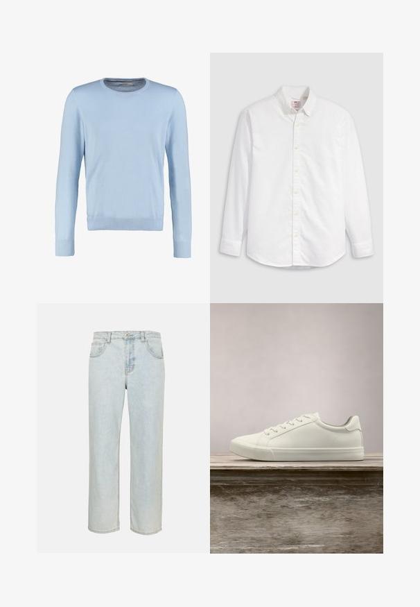 Suéter de manga larga de color azul claro con cuello redondo. Presenta una textura suave y puños y dobladillo acanalados. Diseño clásico y ajustado.; Camisa blanca de algodón con botones, de manga larga, cuello con solapa y dobladillo curvado. Presenta botones amarillos y una marca sutil.; Vaqueros de mezclilla azul claro de pierna recta con bolsillos delanteros, trabillas para cinturón y cierre de botón sobre un fondo liso.; Zapatilla blanca con cordones flotando sobre un banco de madera con follaje verde al fondo, mostrando el diseño y la textura del zapato.
