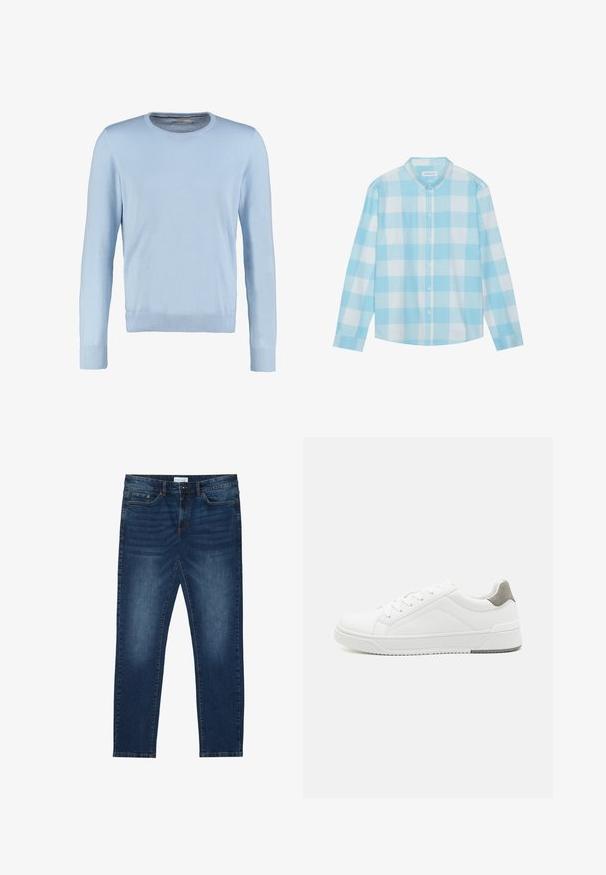 Suéter de manga larga de color azul claro con cuello redondo. Presenta una textura suave y puños y dobladillo acanalados. Diseño clásico y ajustado.; Camisa de manga larga a cuadros en azul y blanco, hecha de una tela ligera, con cuello abotonado y cierre de botones en la parte delantera.; Vaqueros ajustados de color azul oscuro con detalles desgastados, diseño clásico de cinco bolsillos, cierre de botón y presillas para cinturón.; Zapatilla blanca con material de cuero liso, punta redonda, diseño minimalista, acento gris en el talón y suela de goma texturizada.