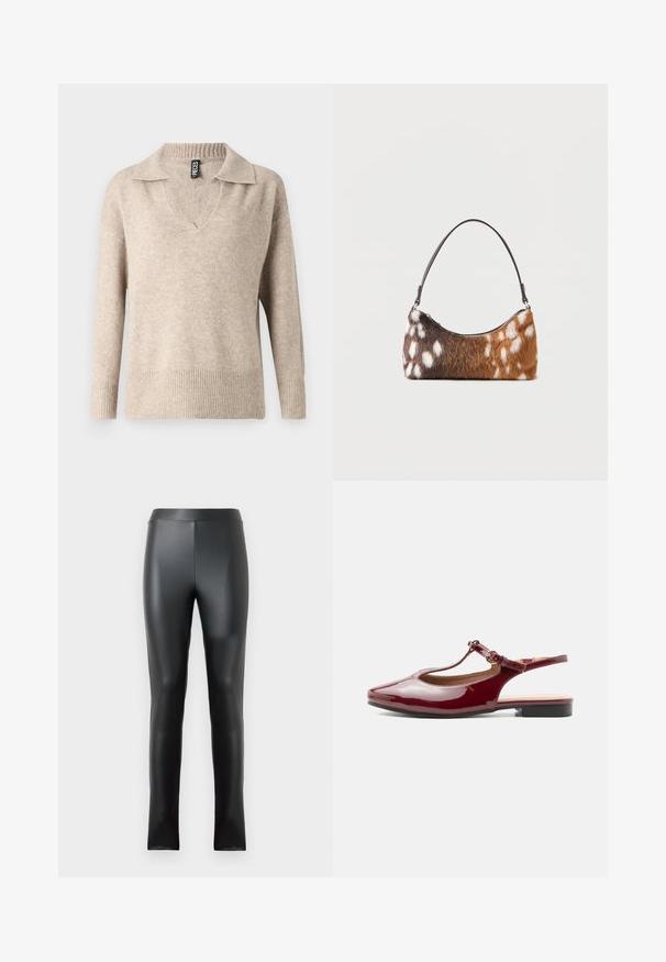 Pull en maille beige avec un col en V et un col côtelé. Il présente des manches longues et un ourlet côtelé, fabriqué à partir d'un matériau doux et texturé.; Leggings noirs en matériau lisse et brillant, dotés d'une taille haute et d'une coupe ajustée. Aucune couture ni embellissement visibles.; Chaussure slingback bordeaux brillante à talon bas, bride en T avec bout pointu et boucle ajustable sur fond blanc uni.; Sac à bandoulière en fausse fourrure tachetée marron et blanche avec une fine sangle noire, présenté sur un fond blanc.