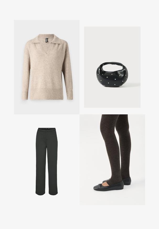 Beige Strickpullover mit V-Ausschnitt und geripptem Kragen. Hat lange Ärmel und einen gerippten Saum, aus einem weichen, strukturierten Material gefertigt.; Dunkelgrüne, weit geschnittene Hosen aus glattem Stoff. Mit einem Bund mit Gürtelschlaufen, Fronttaschen und geradem Schnitt.; Beine in dunklen, gerippten Leggings kombiniert mit schwarzen Ballerinas mit kleinen Schleifendetails auf weißem Hintergrund.; Schwarze Lederhandtasche mit abgerundeter Form, verziert mit silbernen Nietenakzenten und kurzem Griff. Glatte Struktur und Reißverschlussverschluss.