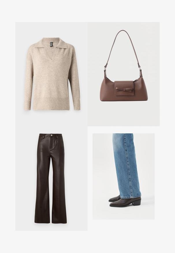 Beige gebreide trui met een V-hals en een ribbelkraag. Beschikt over lange mouwen en een ribbelzoom, gemaakt van een zacht, textuurvol materiaal.; Vero Moda Wide-leg VMTESSA High rise - Broek - chocolate torte; Bruine leren enkellaarzen met een spitse neus en blokhak, gecombineerd met lichtblauwe recht gesneden jeans, die een schoon en eenvoudig ontwerp tonen.; Bruine leren schoudertas met een voorvak met klep en een gestikte strikdetail en een verstelbare band.