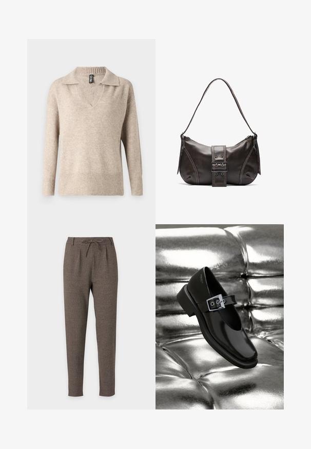 Beige Strickpullover mit V-Ausschnitt und geripptem Kragen. Hat lange Ärmel und einen gerippten Saum, aus einem weichen, strukturierten Material gefertigt.; Braune, zulaufende Hose mit Kordelzug am Bund und Schlaufen, aus strukturiertem Stoff, vor weißem Hintergrund gezeigt.; Schwarze Leder-Mary-Jane-Schuhe mit quadratischer Zehenform, einem silbernen Schnallenakzent und einem robusten, niedrigen Absatz, vor einem glänzenden silbernen Hintergrund.; Braune Lederumhängetasche mit gebogener Form, die mit einem auffälligen Schnallendetail, kontrastierenden Nähten und einem einzigen Schulterriemen ausgestattet ist.