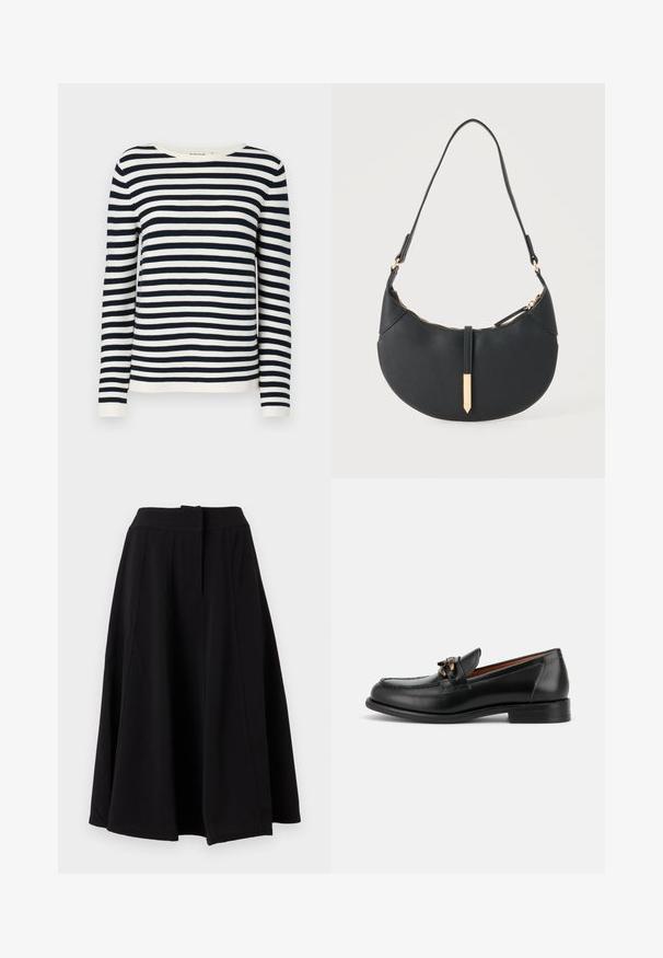 Pull long à rayures bleu marine et blanches avec un col rond et des poignets côtelés. Tissu tricoté doux avec une coupe classique.; Jupe midi noire trapèze avec large ceinture et coutures verticales visibles, présentée sur fond uni.; Mocassin en cuir noir avec un petit talon, un bout arrondi et un détail de boucle métallique décorative à l'avant.; Sac à main noir en forme de croissant avec une bandoulière unique, une fermeture éclair dorée et une languette décorative rectangulaire dorée à l'avant.